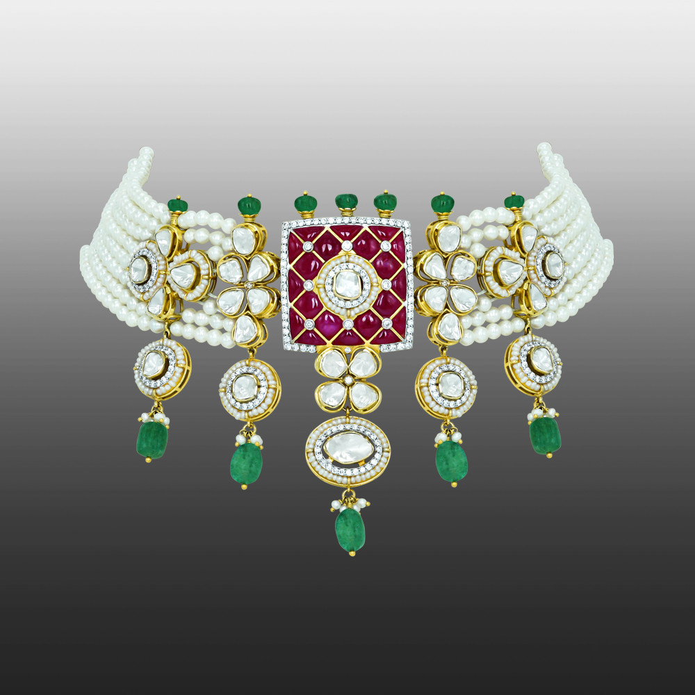 Pearl Choker with Ruby Talaf, Polki, and Emerald Drops